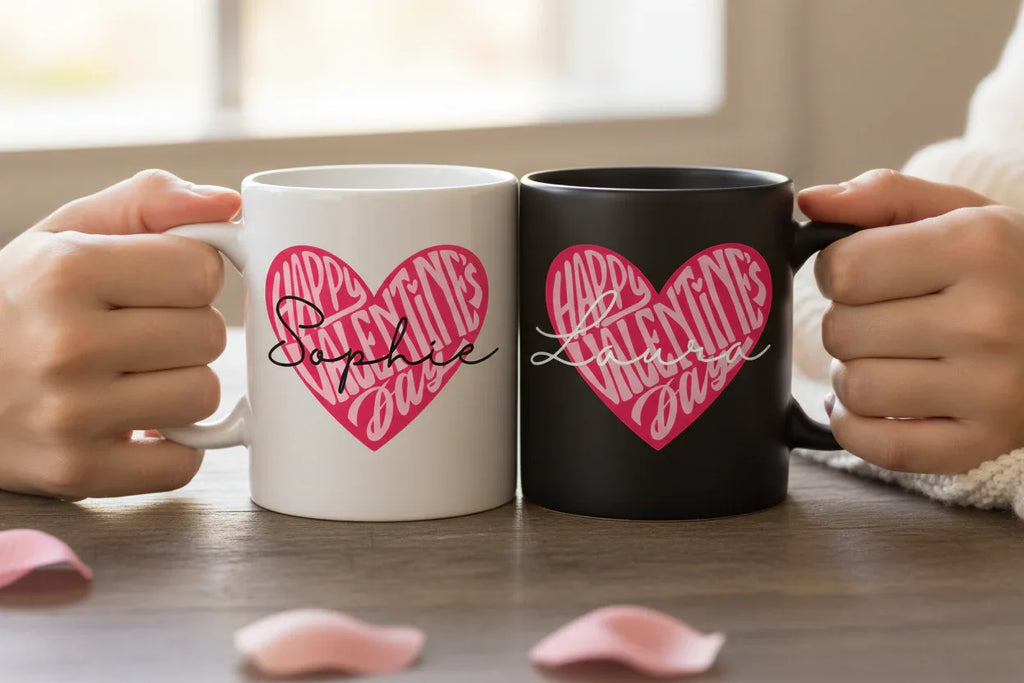 Valentine’s day ceramic mugs: white and black with pink heart “Happy” print