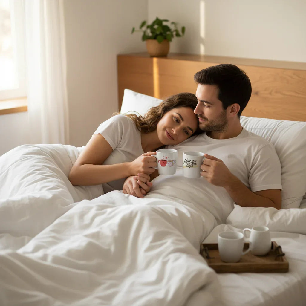 Couple holding white coffee mugs with printed heart and coffee designs on a bed setting