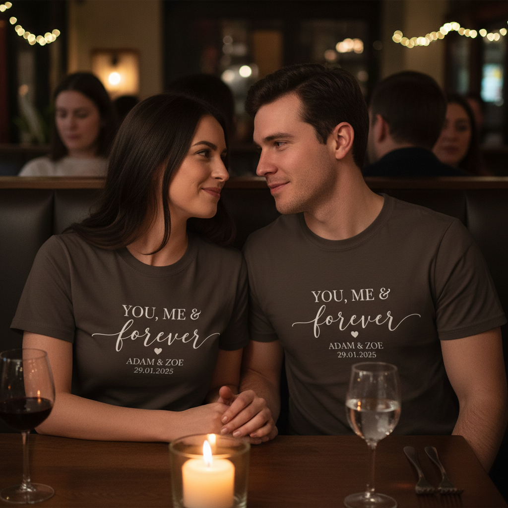 Couple in dark chocolate tees at restaurant