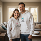 Pair of white hooded sweatshirts: “MINI QUEEN” and “MINI KING” crown prints
