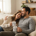White anniversary mug in hands with red hearts, 'Always you' and an 'Est.' date