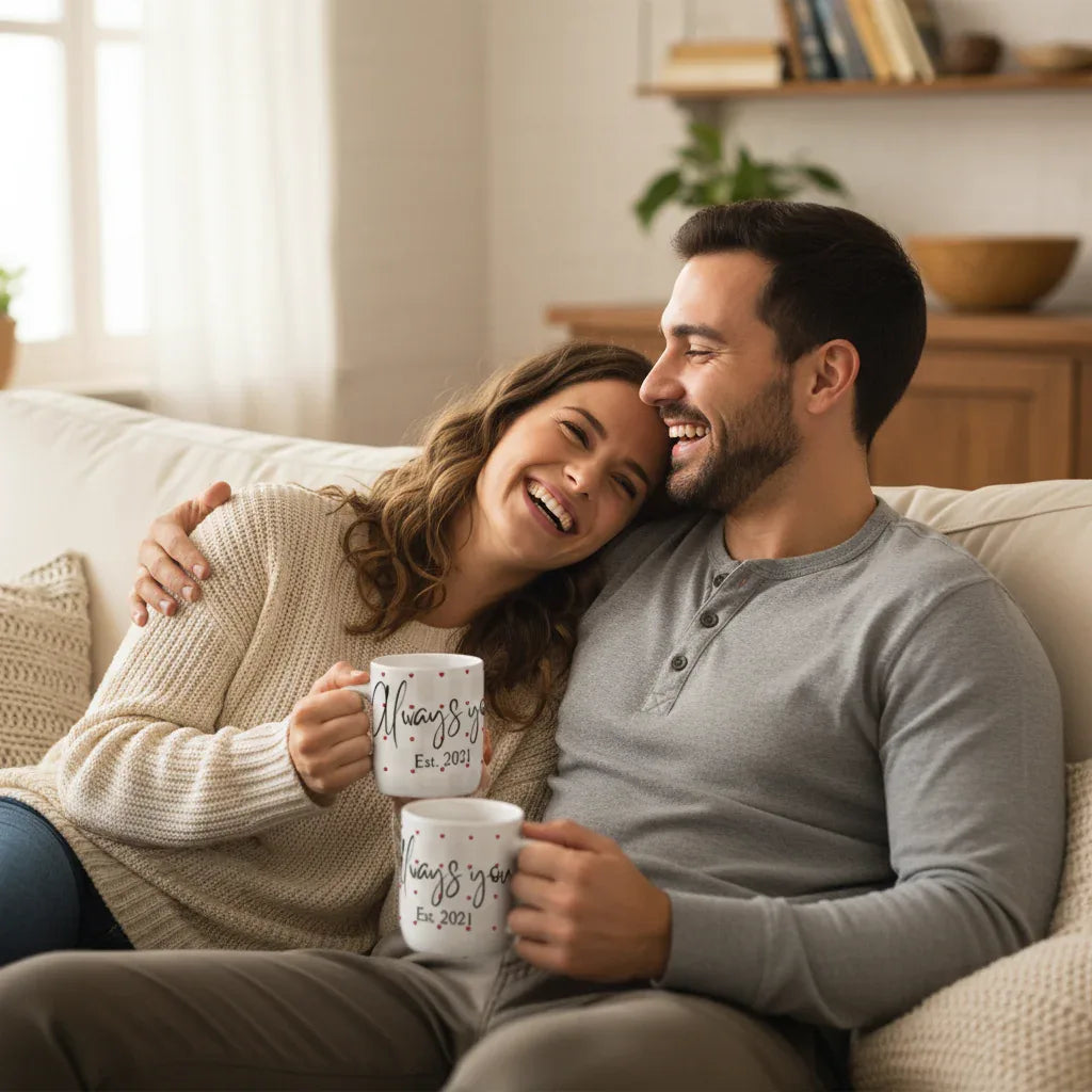 White anniversary mug in hands with red hearts, 'Always you' and an 'Est.' date