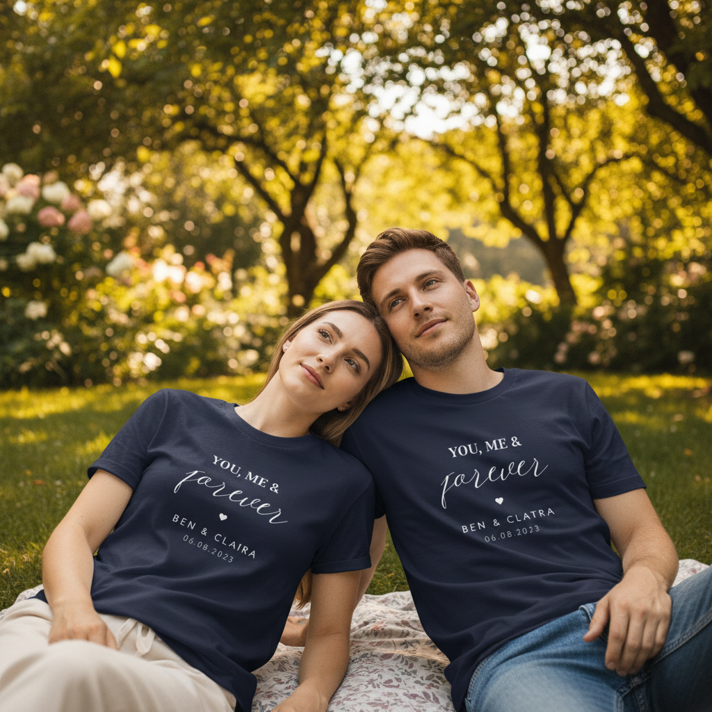 Couple lying in garden in navy tees