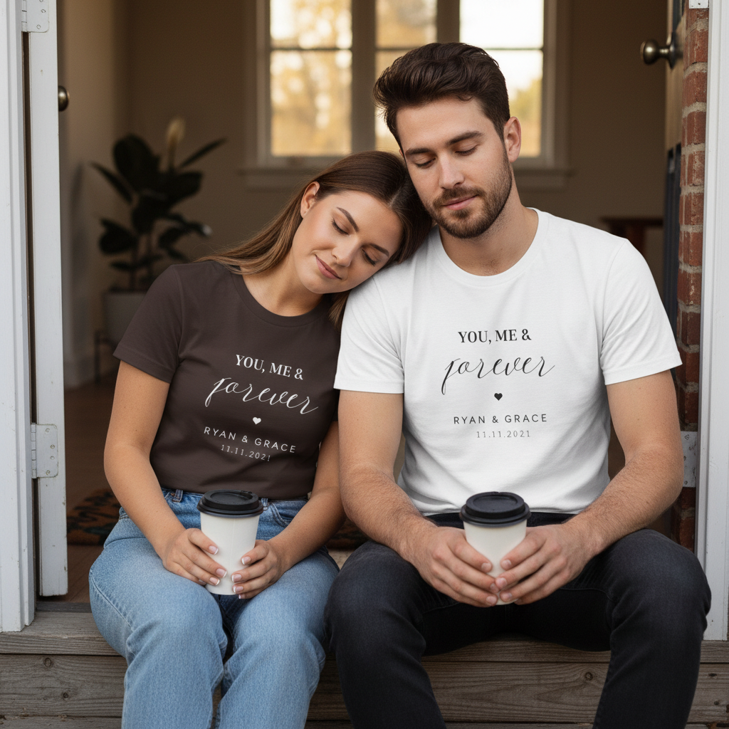Couple on doorstep with coffees in matching tees