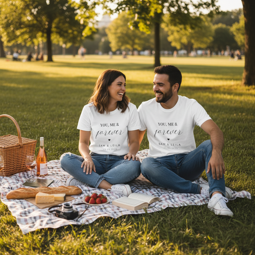 Couple on picnic blanket in matching white tees
