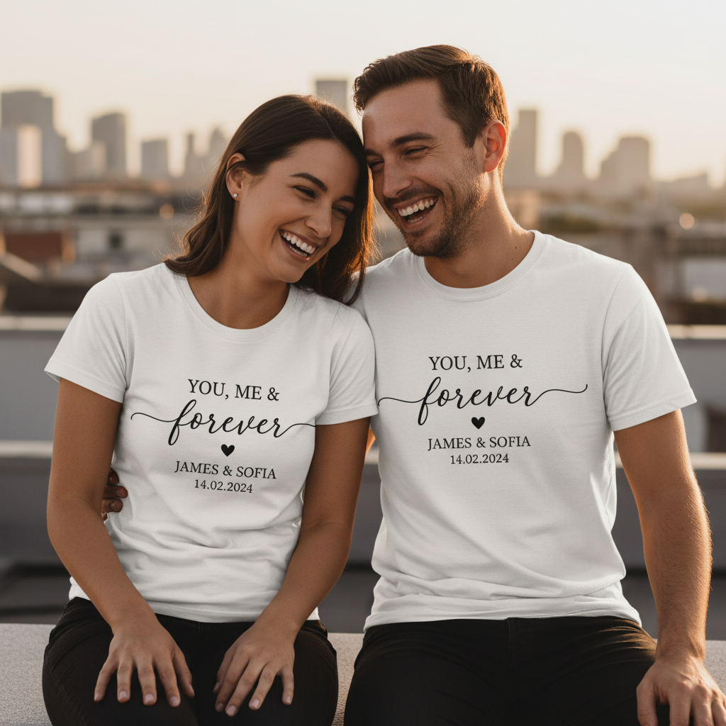 Couple on rooftop in matching white tees