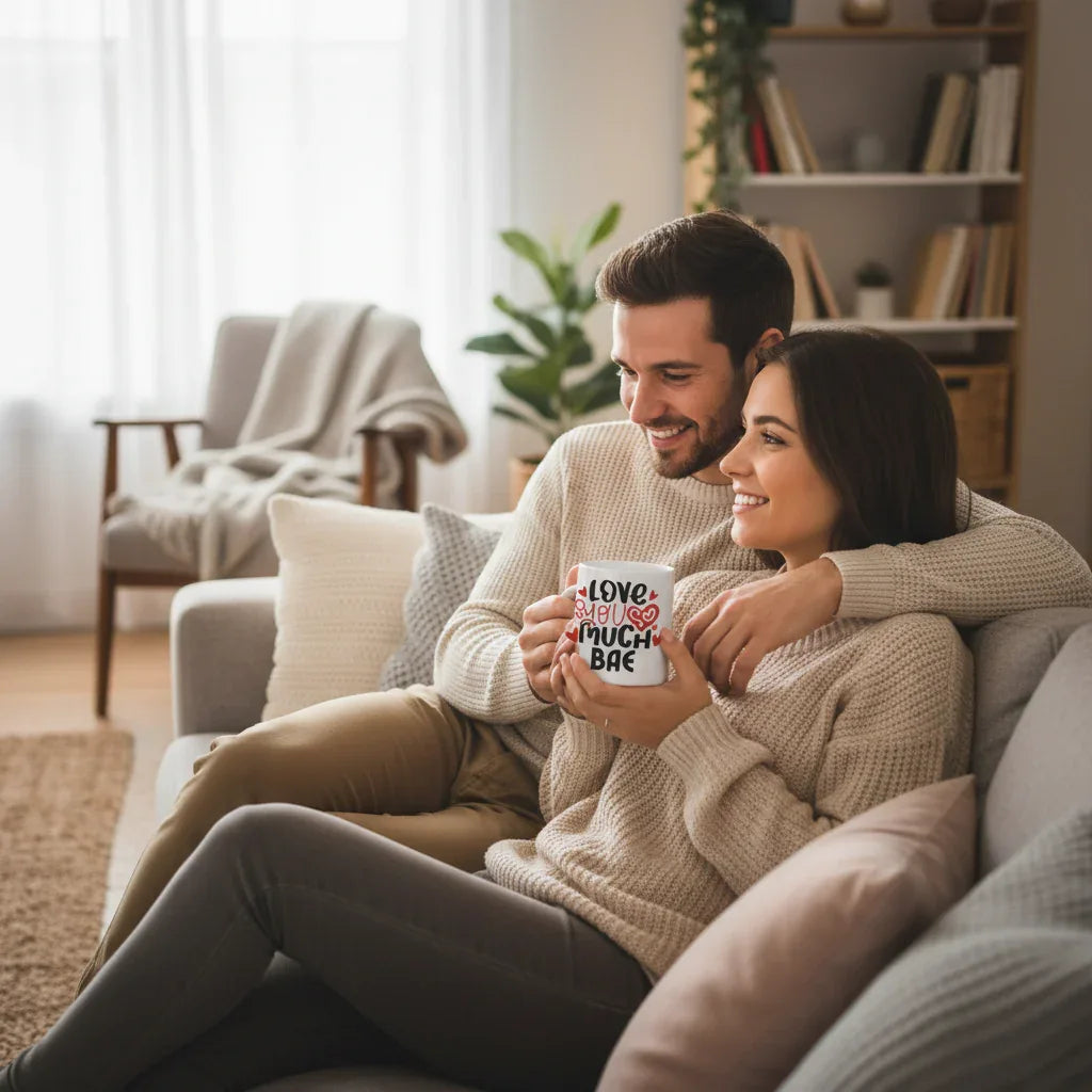 Personalised white mug with 'Love you much' and name BAE, held by a person