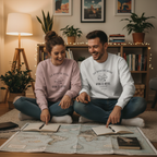 Couple planning trip on floor with map