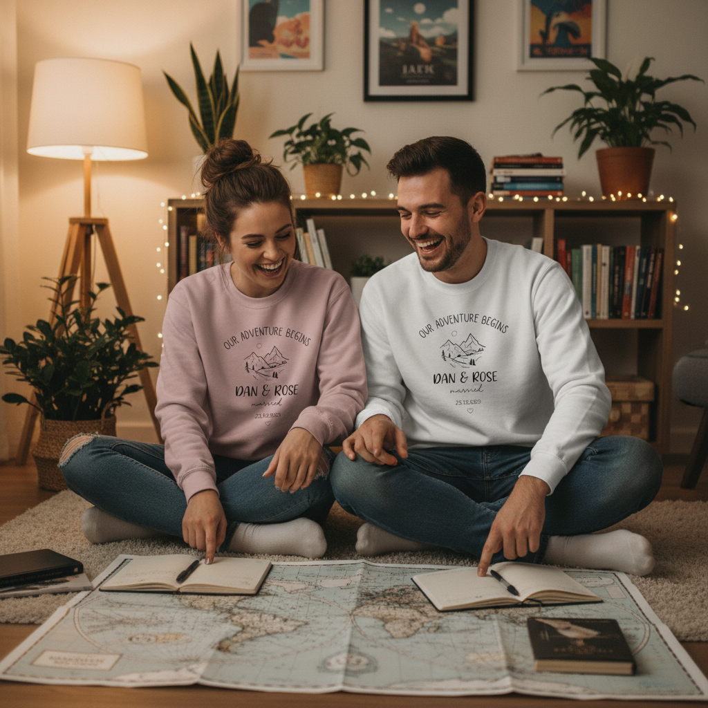 Couple planning trip on floor with map