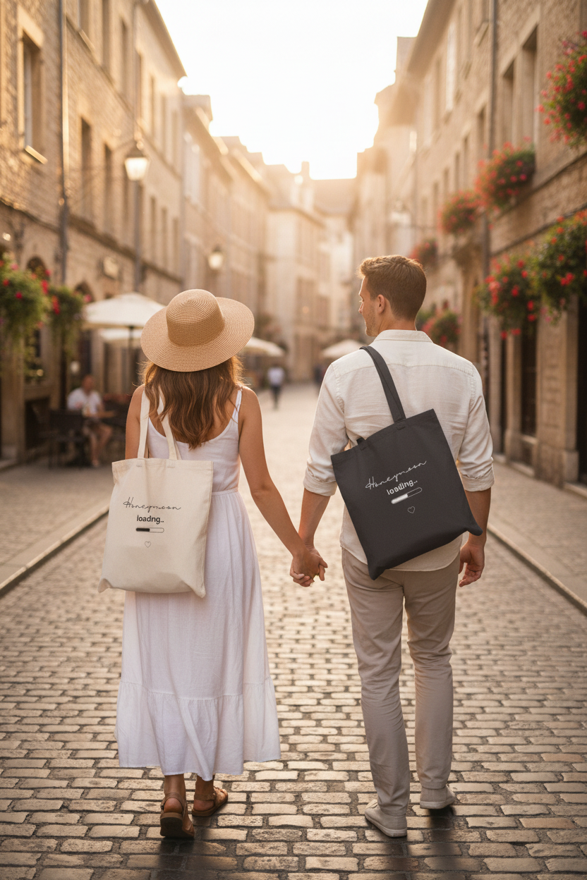 Natural and black canvas tote bags with 'Honeymoon loading..' print and heart, top handles