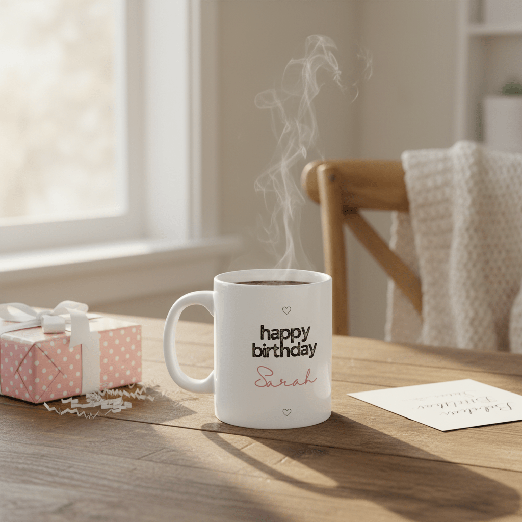 White ceramic mug with “happy birthday” and name Sarah in pink script