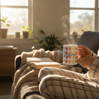 White mug with multicolor hearts and 'Jessica' name, held in hands