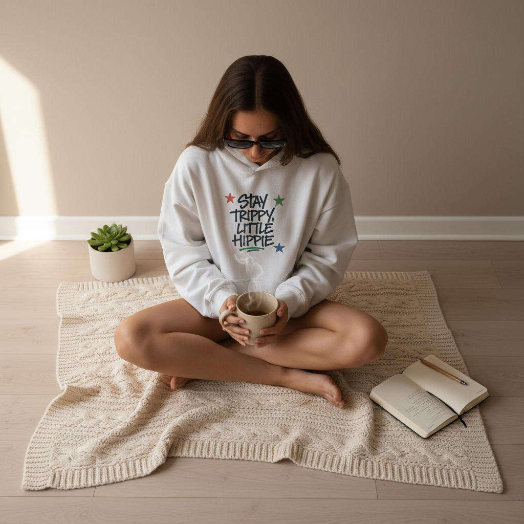 White hoodie with front colorful star and text graphic "Stay Trippy Little Hippie"