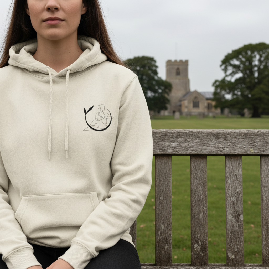 Cream unisex yoga hoodie with hood, drawstrings, front pocket, chest yoga emblem