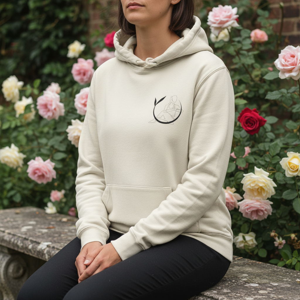 Cream unisex yoga hoodie with hood, drawstrings, kangaroo pocket, chest yoga logo