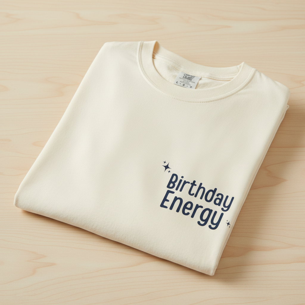 Ivory Birthday Energy T-shirt folded with small chest text graphic and crew neck