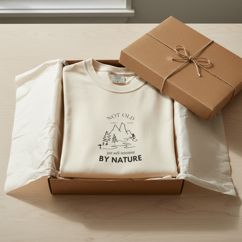 White graphic T-shirt with mountain tree logo and “BY NATURE” text, shown folded in box