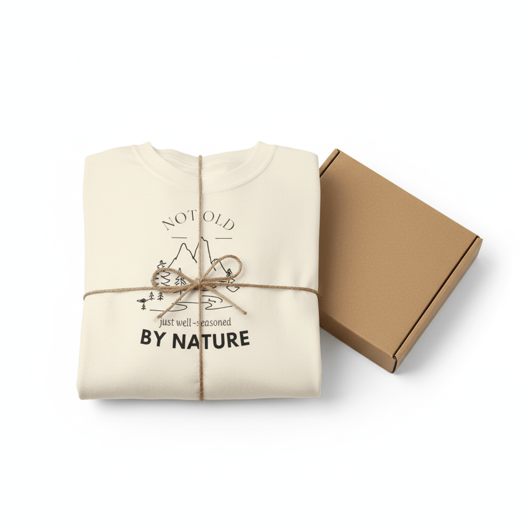 Nature graphic T-shirt in ivory, folded with chest mountain and tree logo