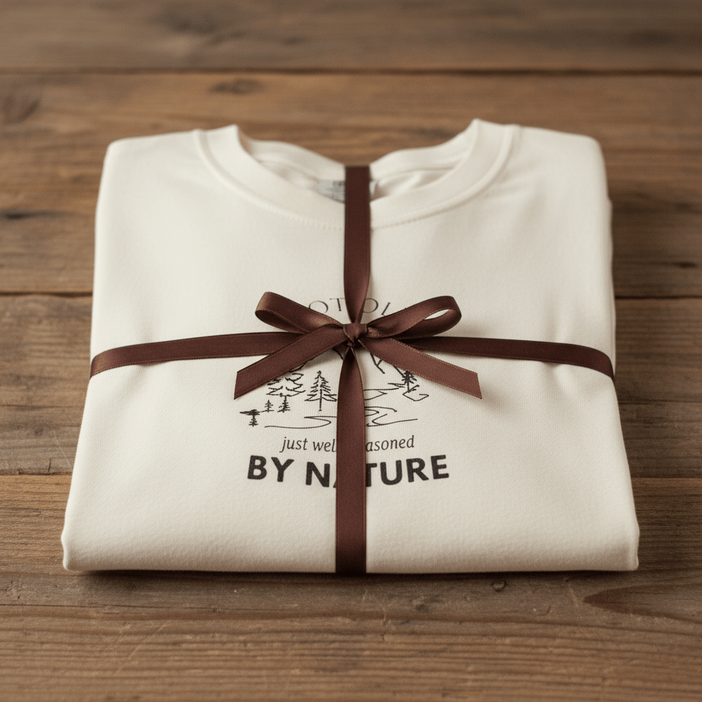 Nature graphic T-shirt in ivory, folded and tied with ribbon, mountain and tree logo