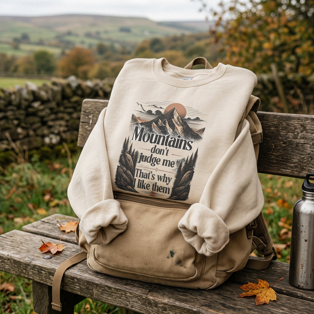 Light tan sweatshirt with front mountain and quote graphic, crewneck