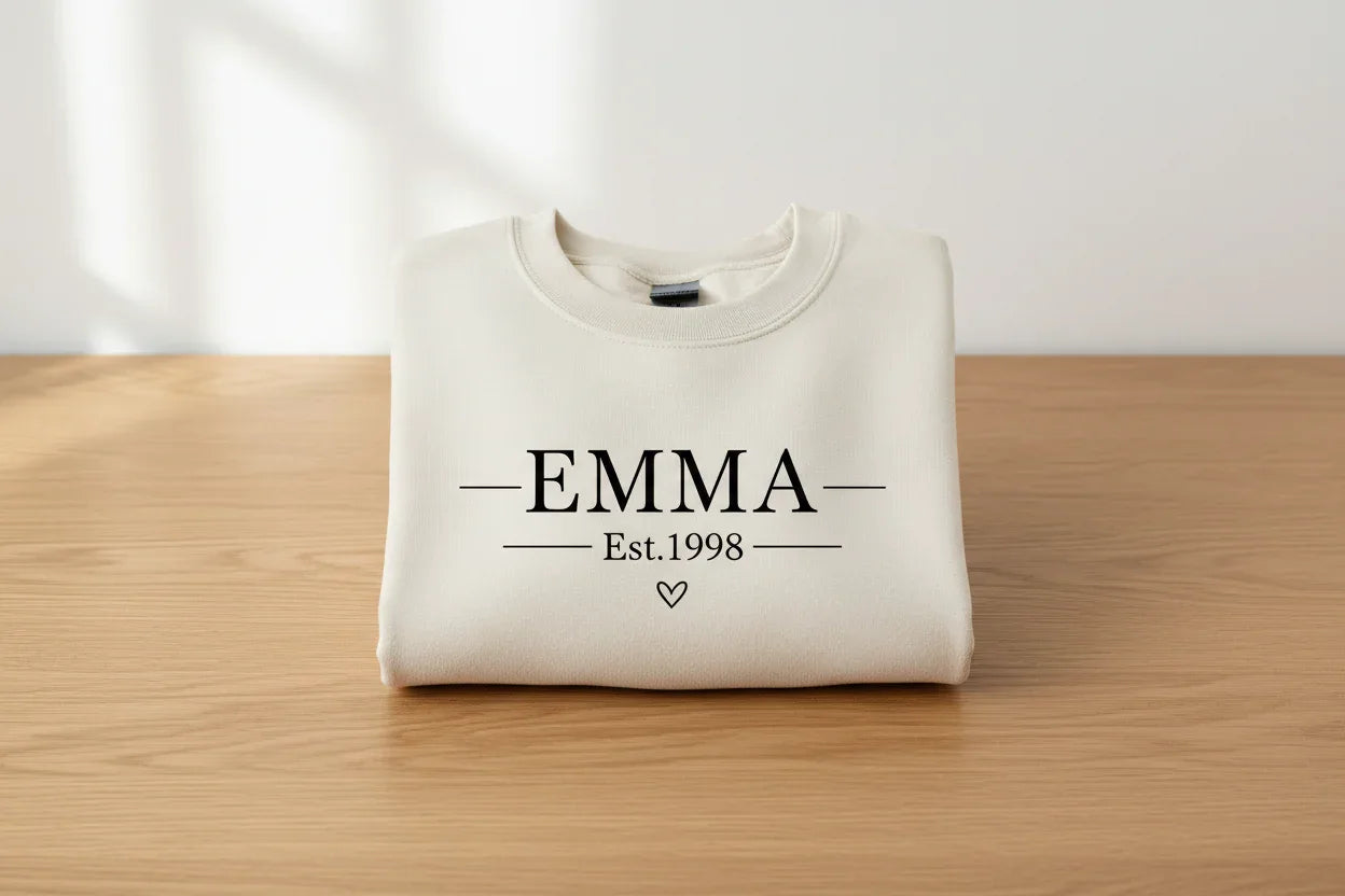 Cream crewneck sweatshirt folded with EMMA Est.1998 text and heart graphic