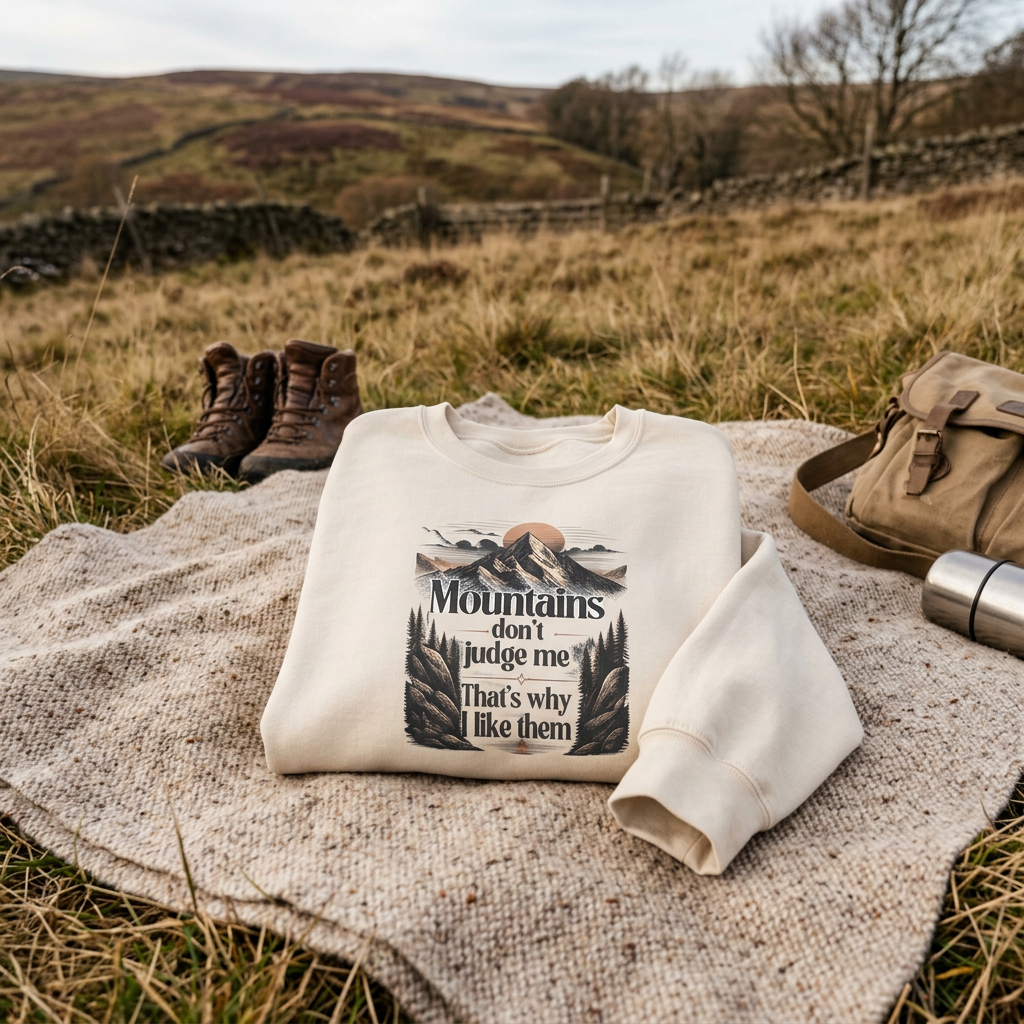 White crewneck sweatshirt with front mountain quote graphic print