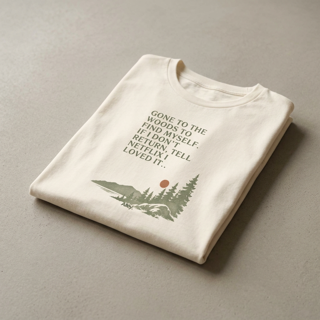 Cream hiking T-shirt with pine tree graphic and quote text on chest