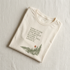 Light natural hiking T-shirt with pine tree graphic and quote text