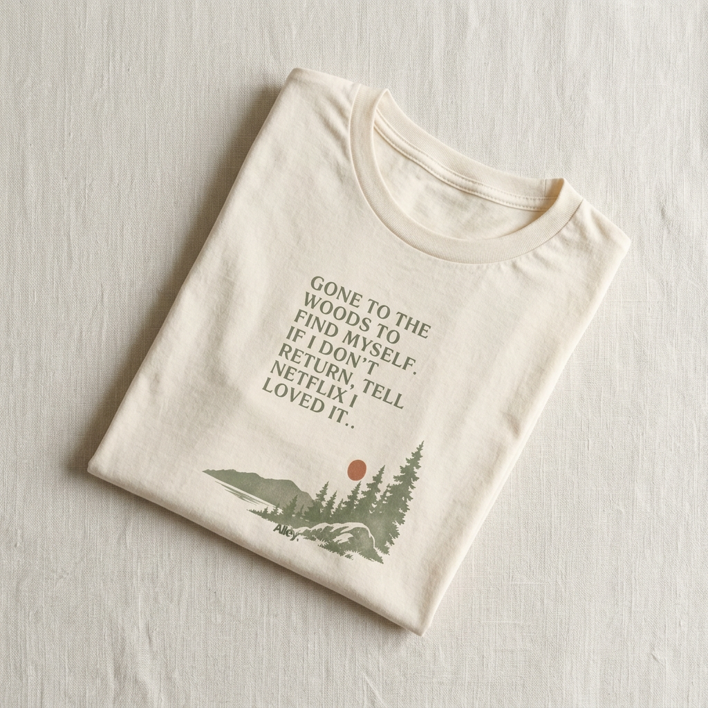 Light natural hiking T-shirt with pine tree graphic and quote text