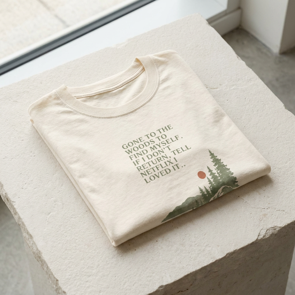 Natural off-white hiking T-shirt with pine tree graphic and quote text
