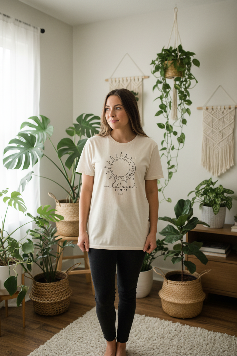 Natural crew-neck t-shirt with sun-and-moon graphic and 'Harriet' text
