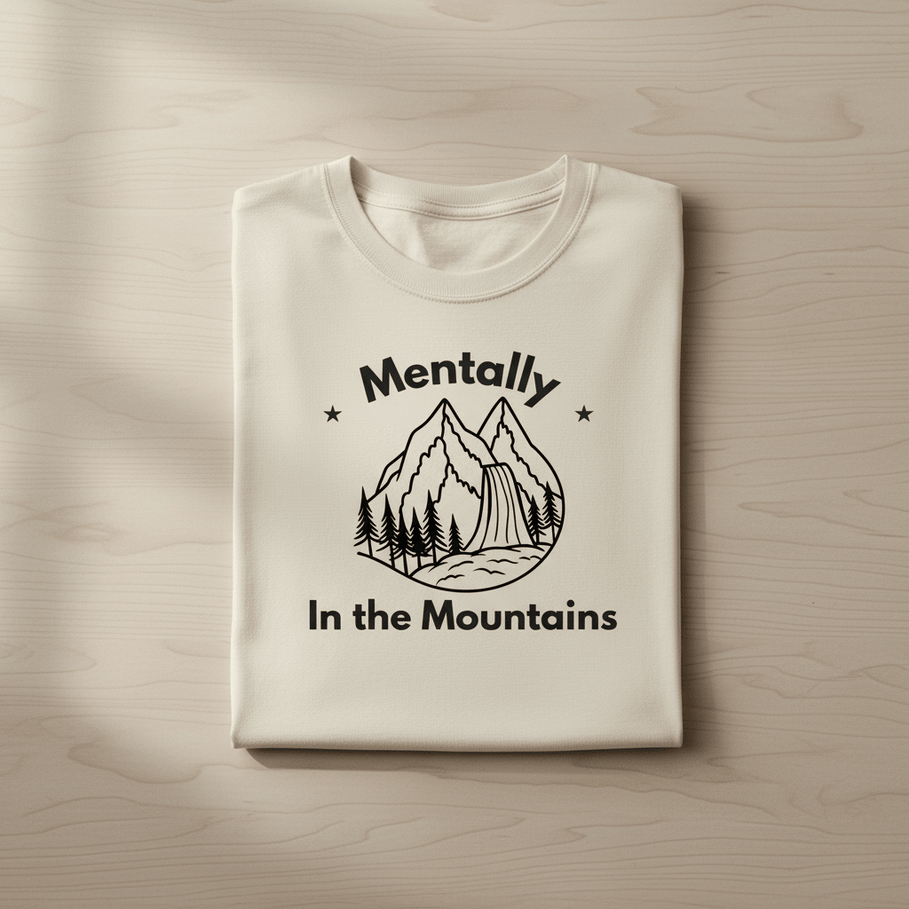 Ivory custom T-shirt with mountain graphic and text "Mentally" and "In the Mountains"