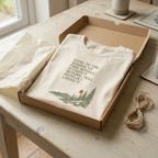 Natural hiking t-shirt with woodland graphic and quote text, folded in box