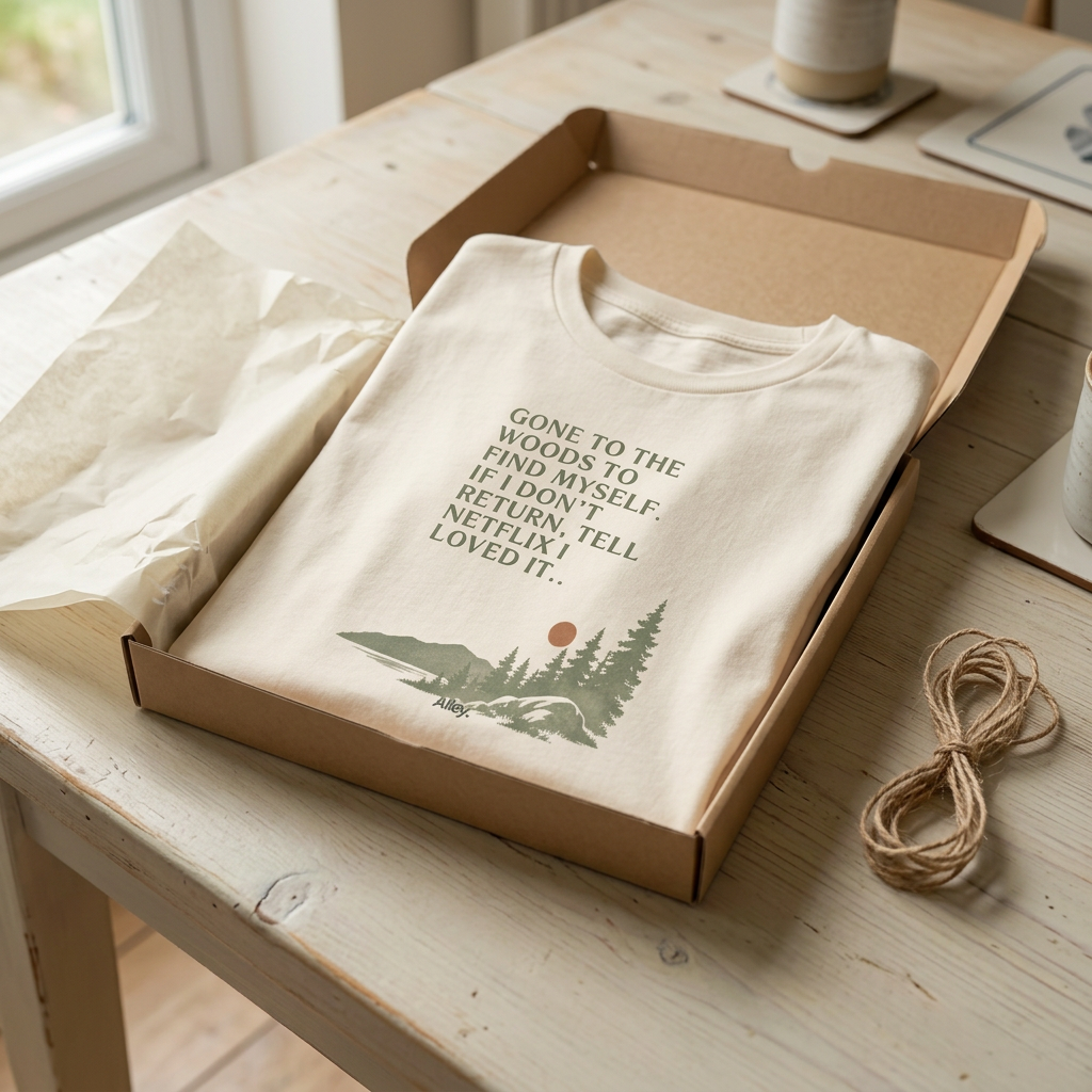 Natural hiking t-shirt with woodland graphic and quote text, folded in box