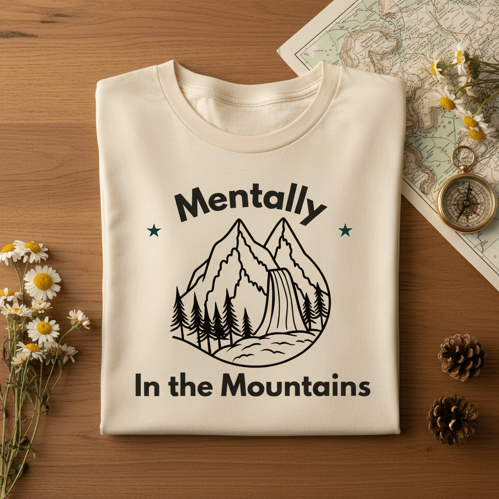 Ivory T-shirt with black 'Mentally In the Mountains' mountain graphic front