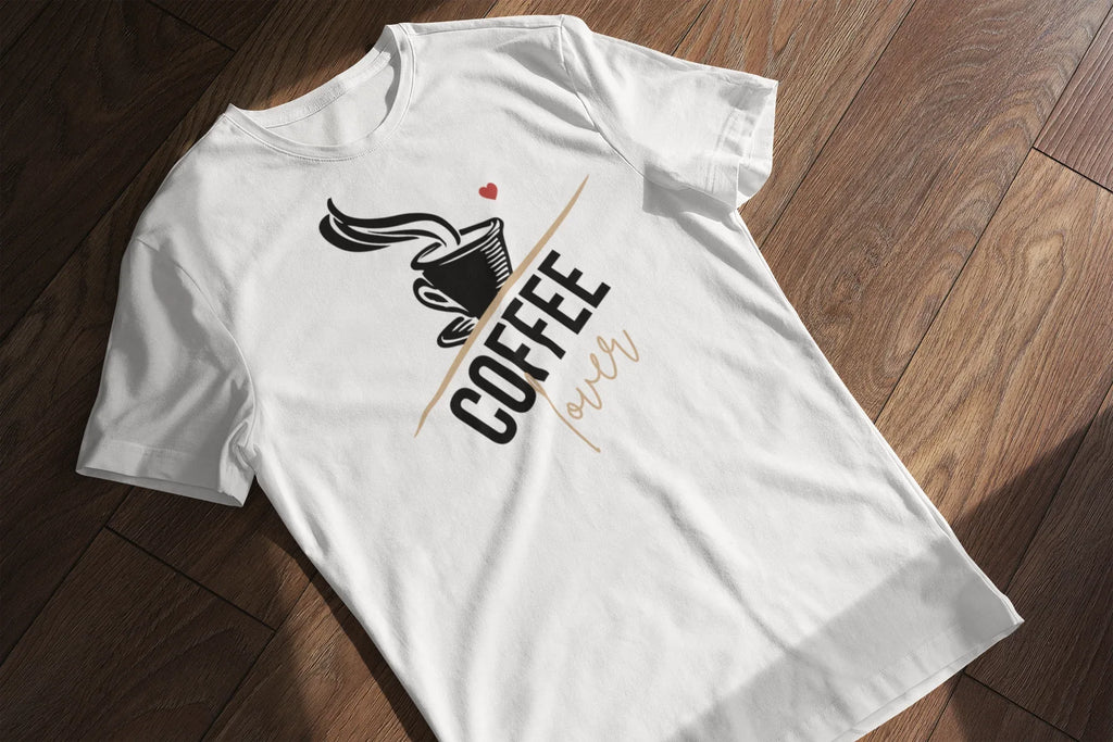 White unisex cotton T-shirt with large coffee cup logo graphic and gold script on chest