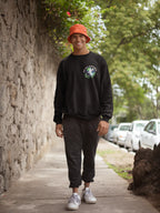 Dark charcoal sweatshirt with dove nature graphic on chest, crew neck, long sleeves