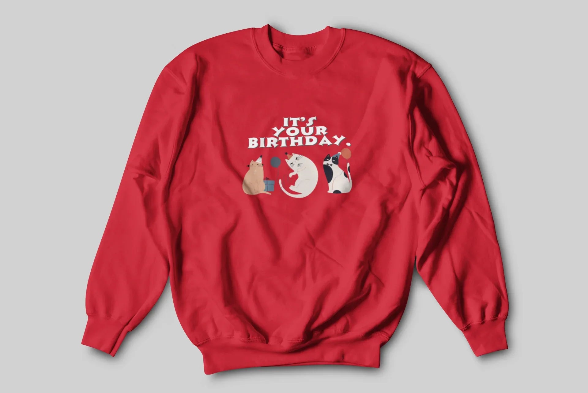 Red crewneck cat birthday sweatshirt with front graphic cats and “It’s your birthday” text