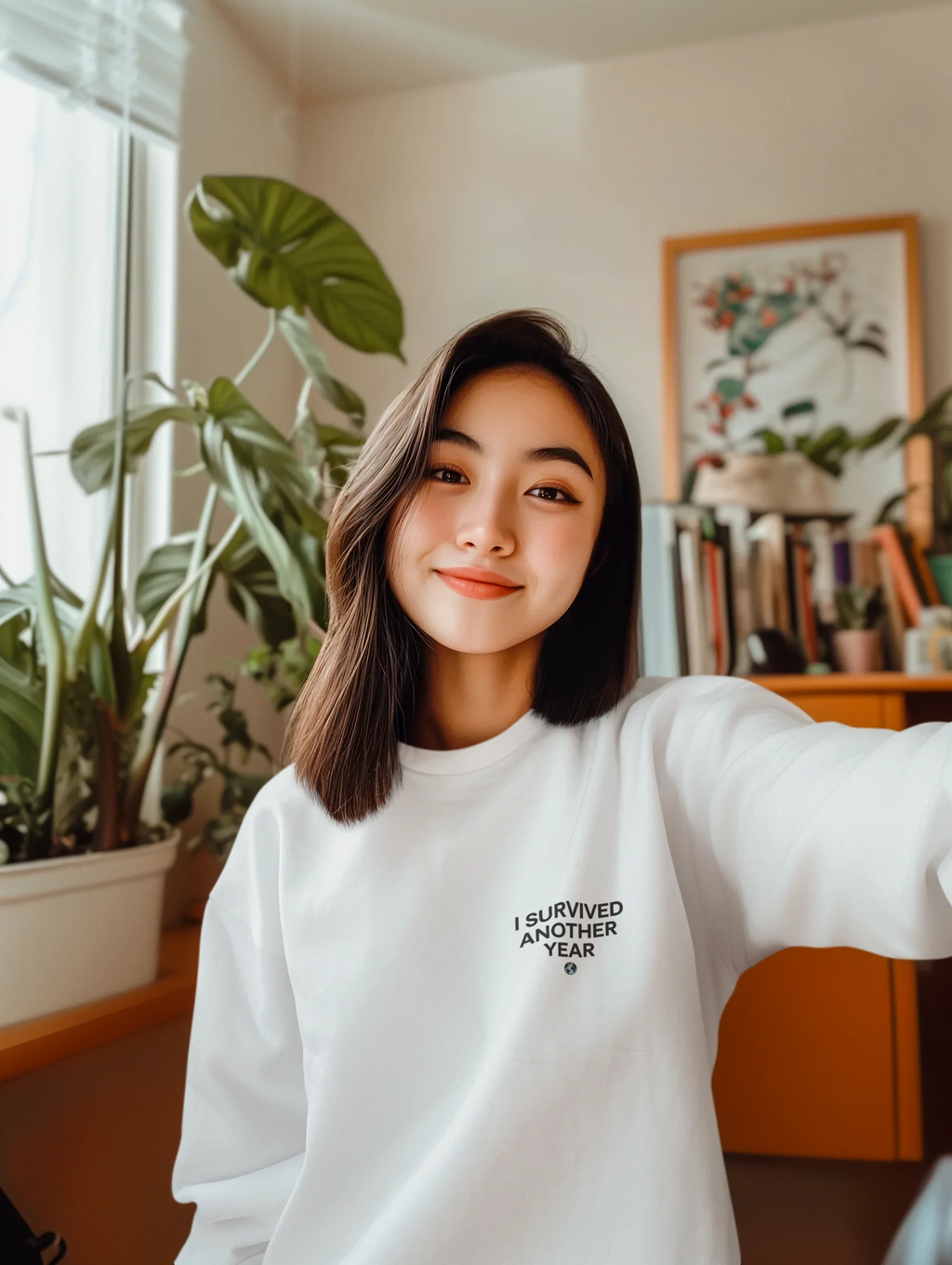 White crewneck sweatshirt with small chest text graphic “I SURVIVED ANOTHER YEAR”