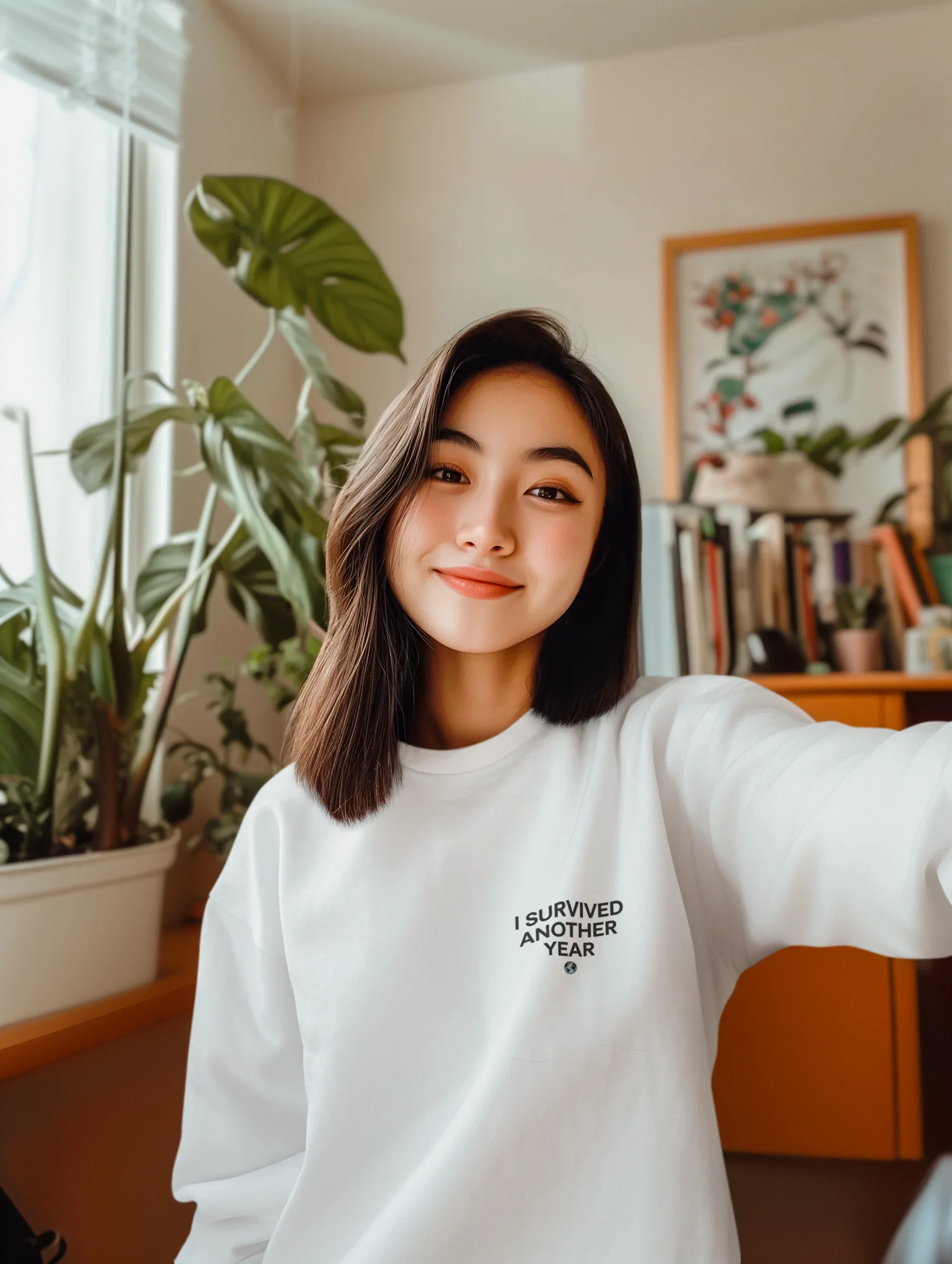 White crewneck sweatshirt with small chest text graphic “I SURVIVED ANOTHER YEAR”