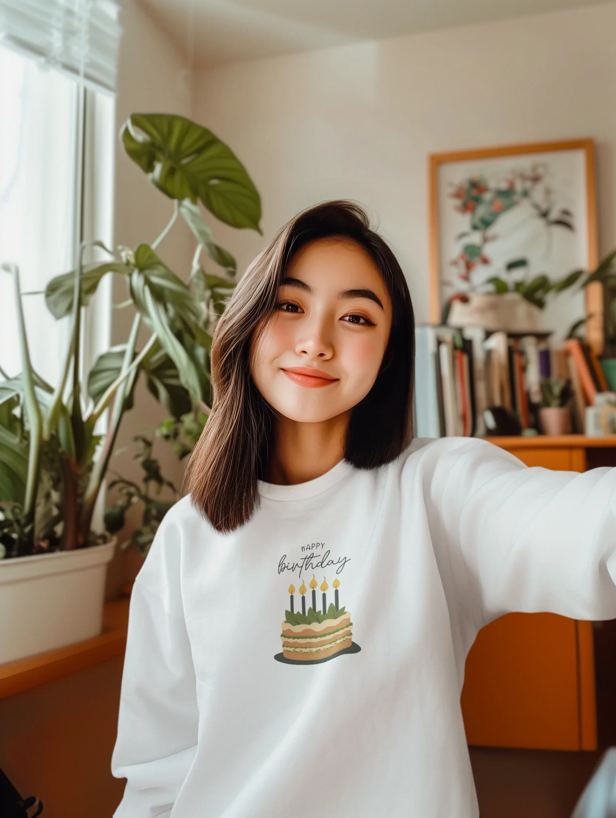 White sweatshirt with birthday cake and candles graphic on the chest