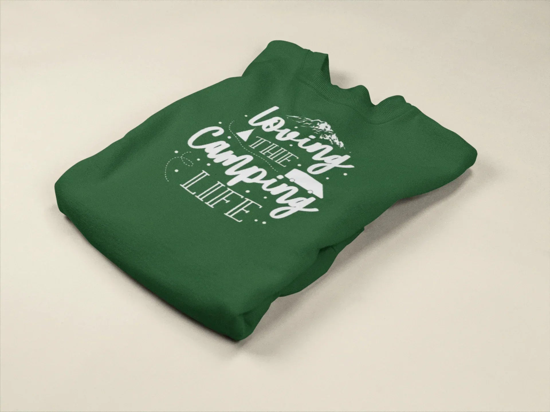 Forest green sweatshirt with “Camping Life” graphic on front