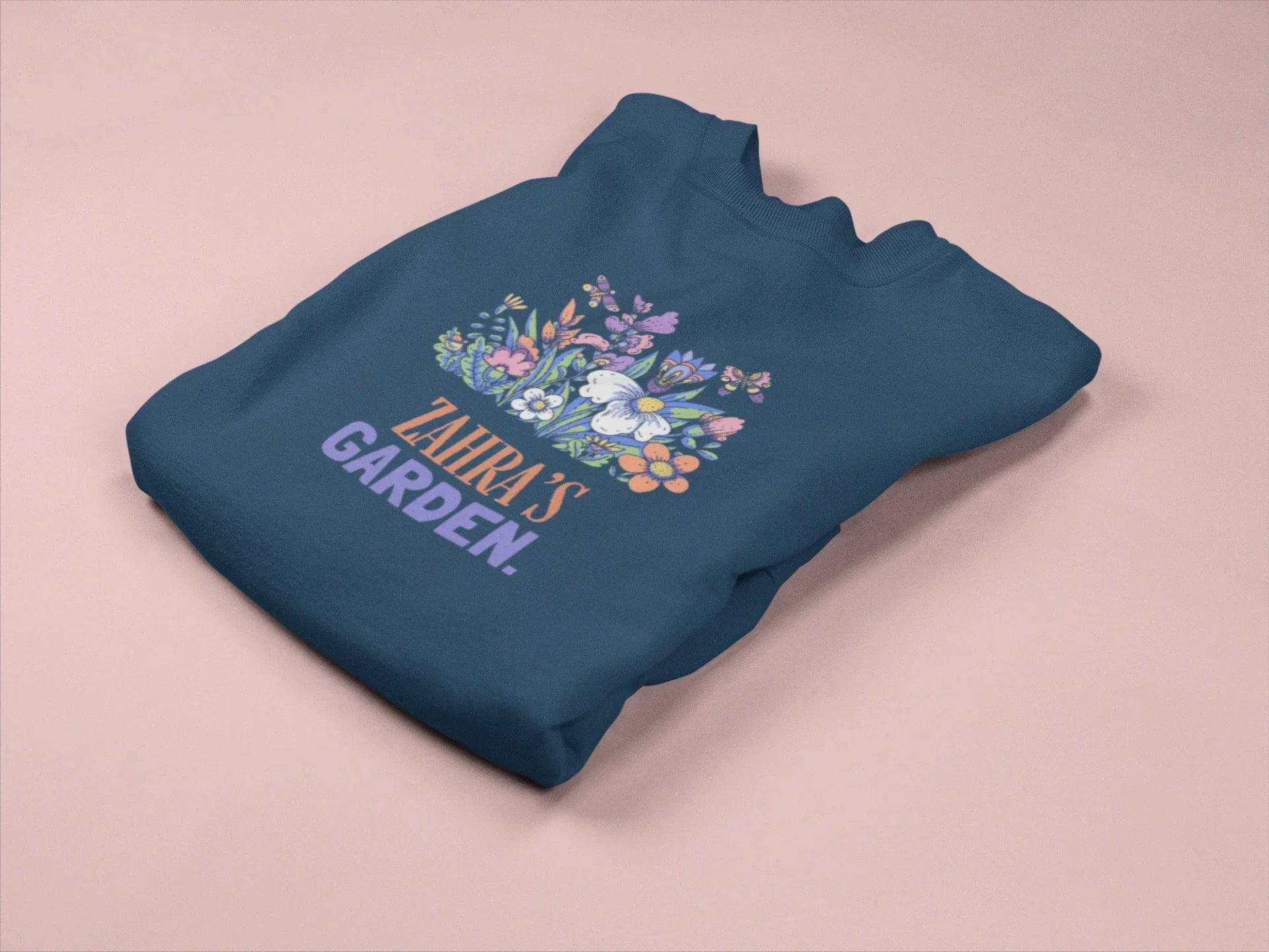 Navy floral crewneck sweatshirt with logo text on front