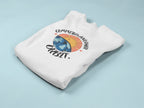 Folded white crewneck sweatshirt with circular space graphic and “Orbit!” text