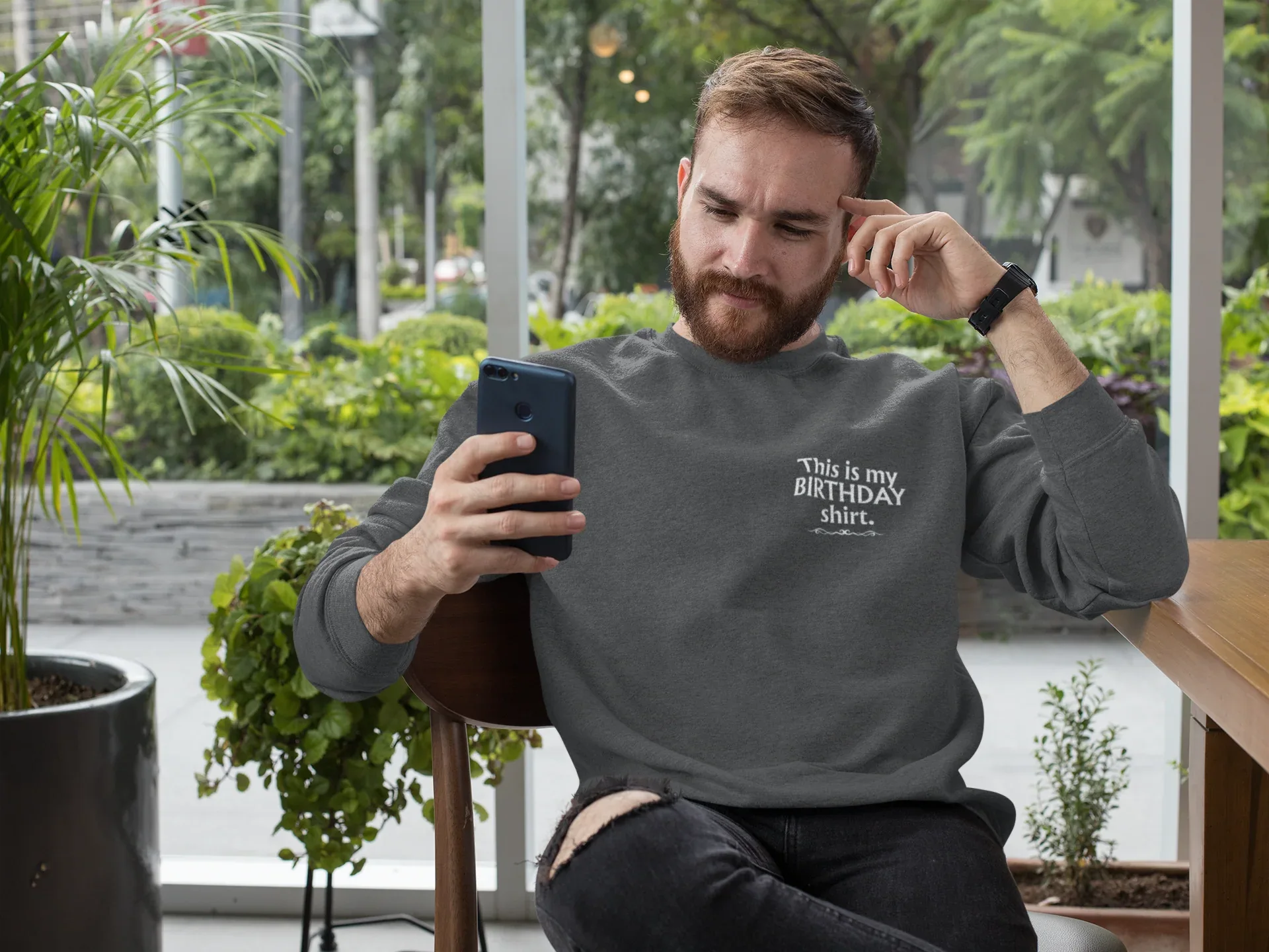 Charcoal gray sweatshirt with 'This is my BIRTHDAY shirt' chest print