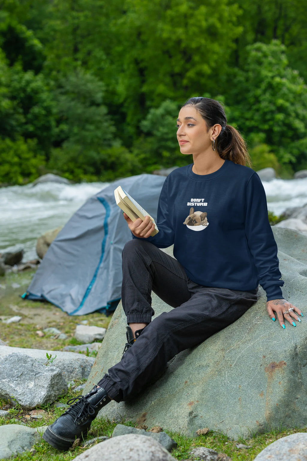 Navy sweatshirt with “DON’T DISTURB” text and sleeping French Bulldog graphic.