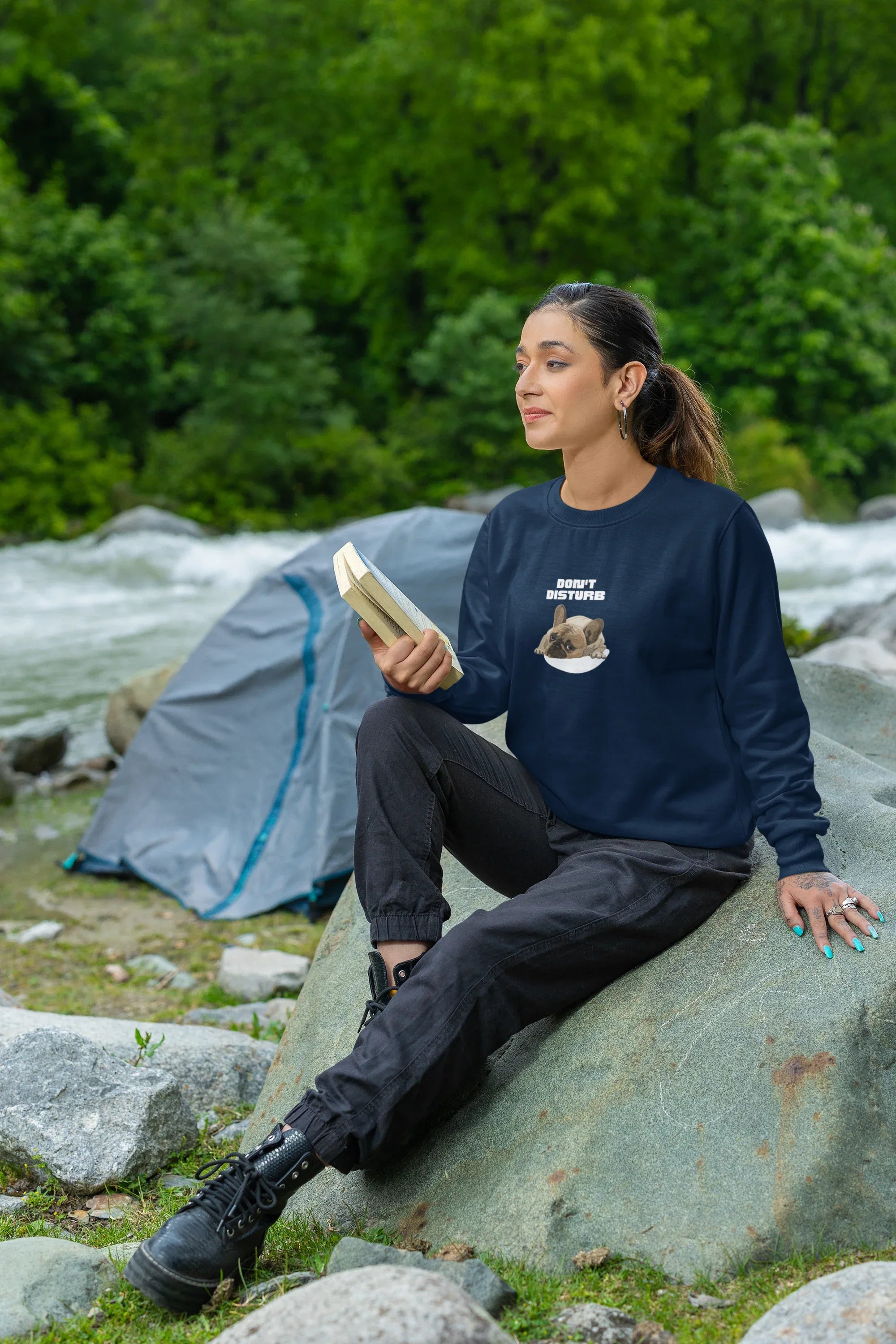 Navy sweatshirt with “DON’T DISTURB” text and sleeping French Bulldog graphic.