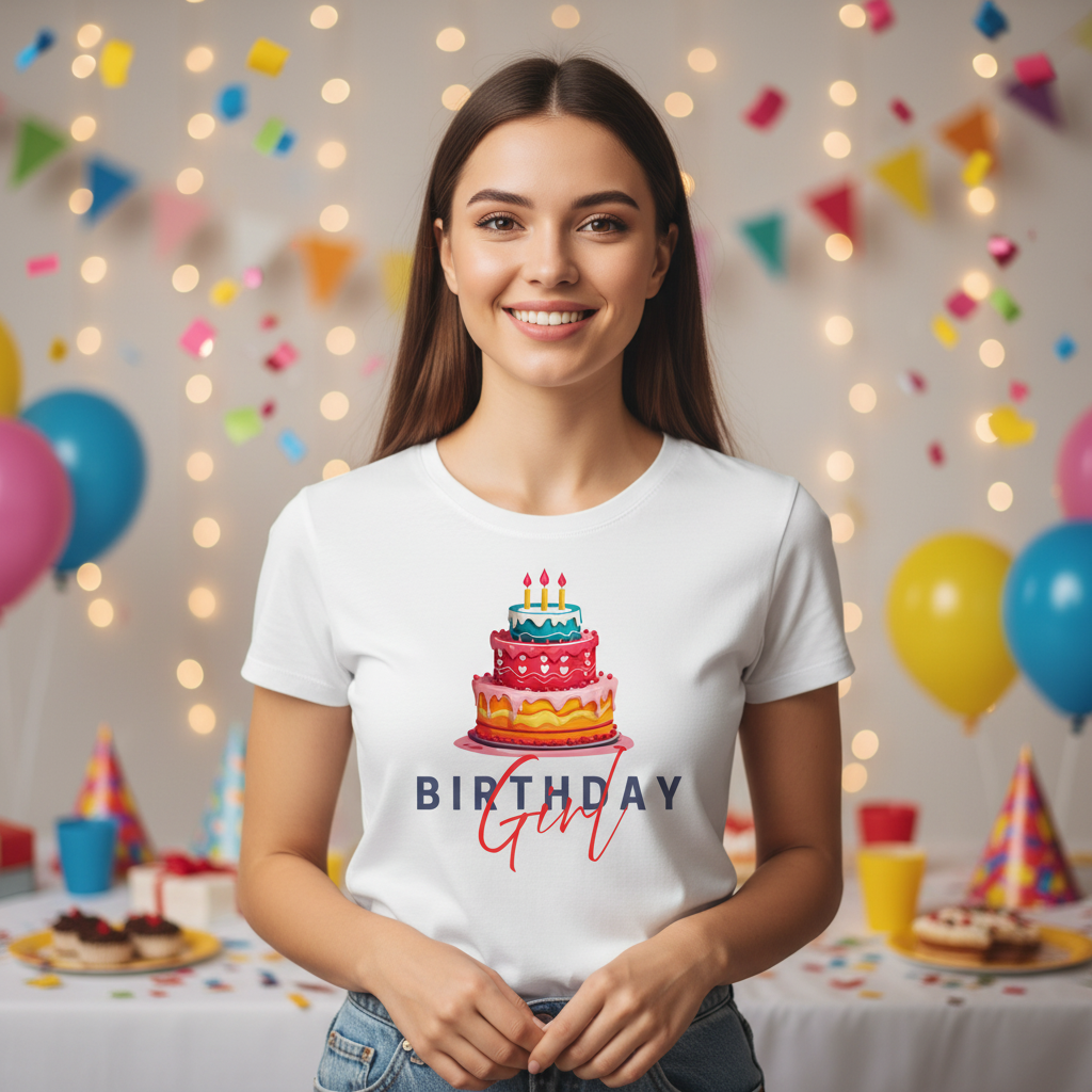 White birthday graphic T-shirt on smiling woman, cake graphic and “Birthday Girl”