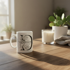 White mug with black Daisy name and floral outline, on wooden table