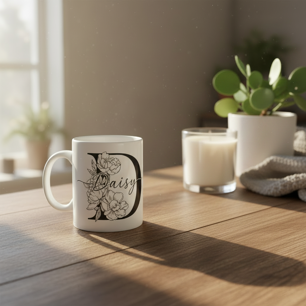 White mug with black Daisy name and floral outline, on wooden table